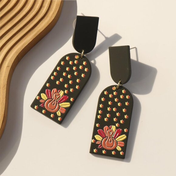 Triple Layer Black Turkey Lightweight Acrylic Thanksgiving Earrings for Women's - Picture 4 of 7